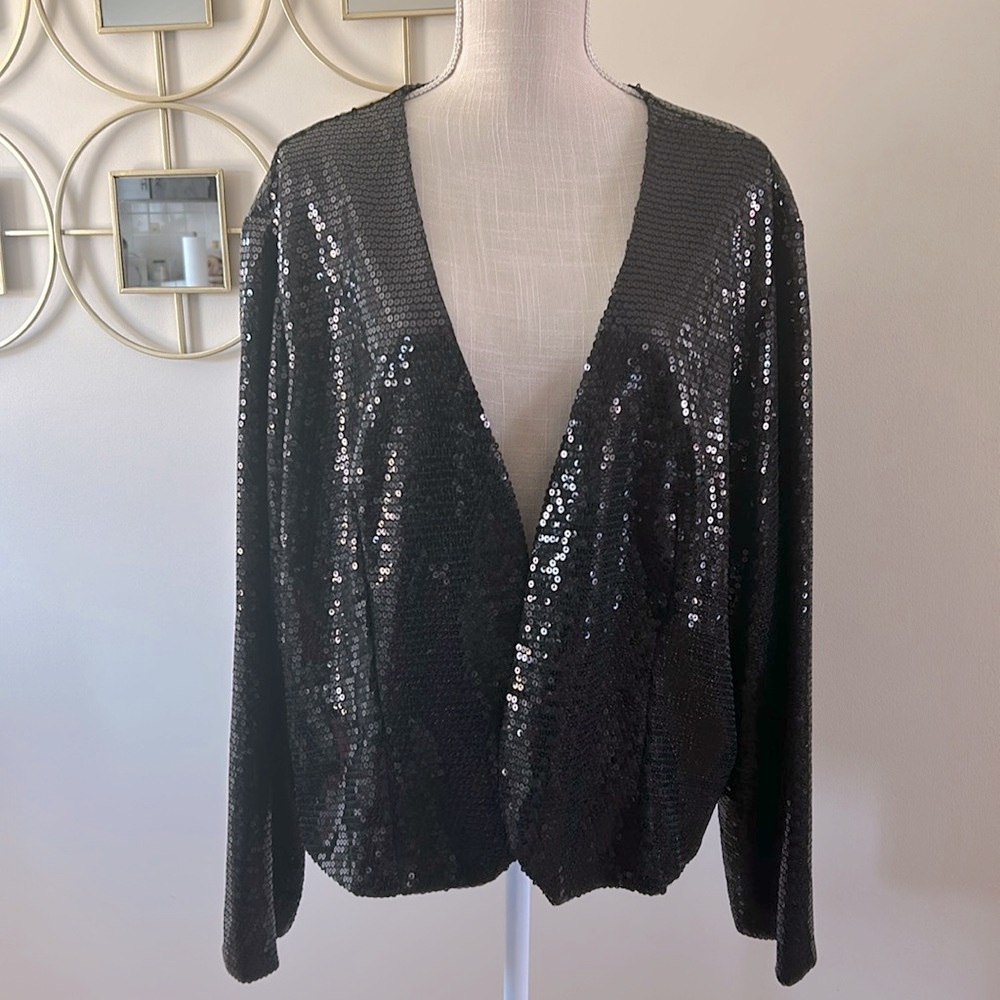 Slinky Brand woman’s long sleeve sequin blazer in black plus size 3X open front